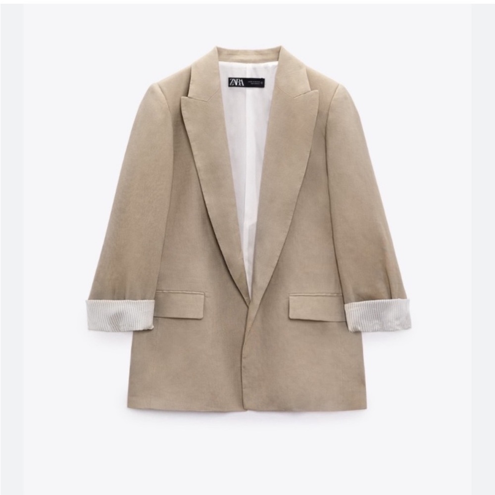 ZARA Linen Blazer Beige Tailored Neutral Jacket Women’s XS Fully Lined NWOT